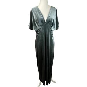 Zara Velvet Maxi Dress XL Sage Green Plunge V-Neck Kimono Sleeve Evening Gown